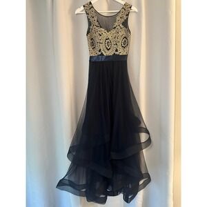 City Triangles Formal Dress Gold Lace Applique Tiered Tulle Skirt Size 1 Navy